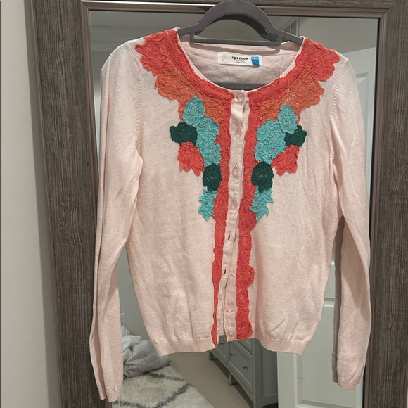 sparrow Sweaters - Sparrow Light Pink Cardigan with Orange and Teal Floral Design